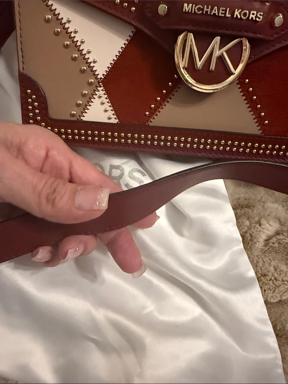 Michael Kors Burgundy, Beige and White Patchwork Crossbody Bag w/Dustbag - Picture 17 of 17